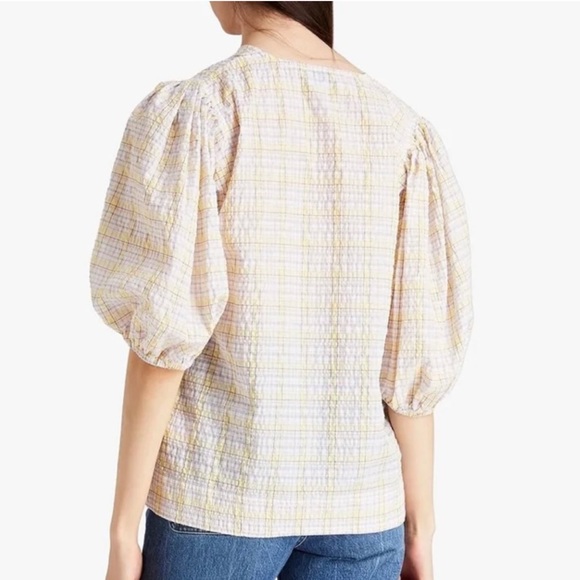 GANNI | Puff Sleeve V-Neck Plaid Check Seersucker Top - Picture 2 of 16